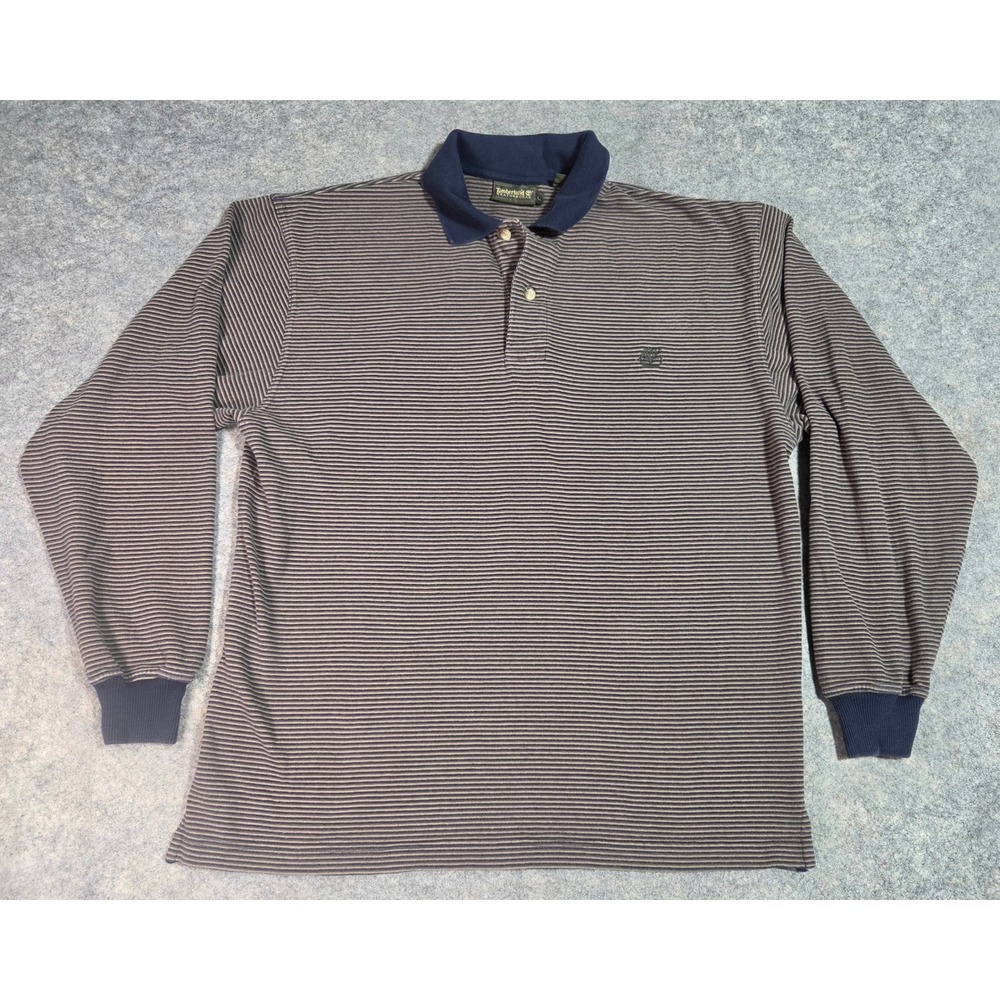 Timberland Weathergear Mens Large Striped Long Sleeve Polo Shirt Blue Tan Rugby